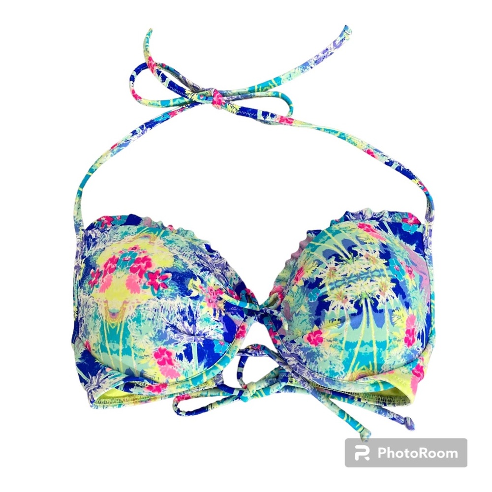 Victoria’s Secret Womens Bra 34C Halter & Back Tie Ruffle Bow Push Up Tropical